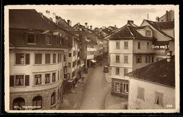 AK Wil, Marktgasse mit Geschäften aus der Vogelschau