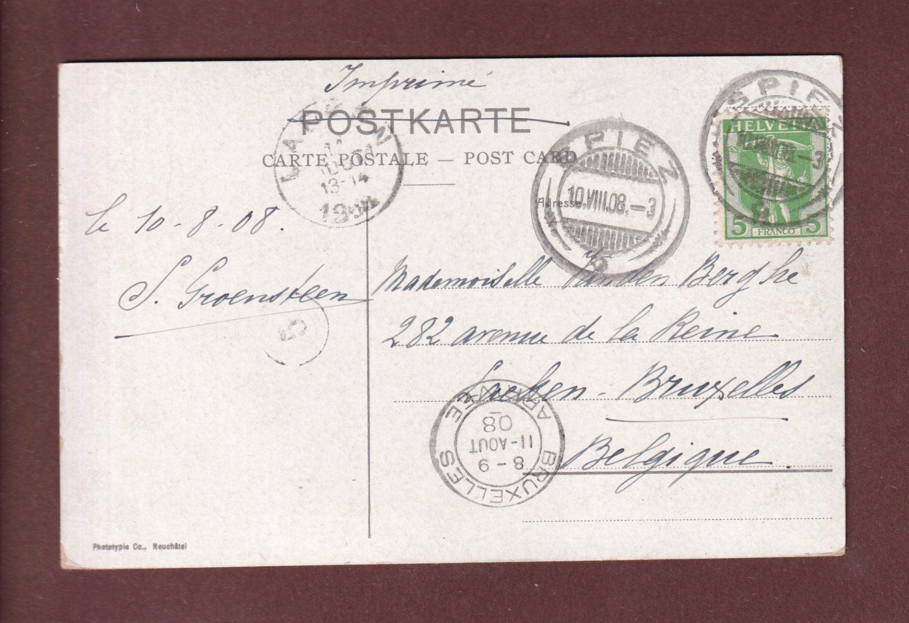 Ansichtskarten: SPIEZ und Berner Oberland - 1908 – Gebraucht aus Pully von nicecards-shop 1
