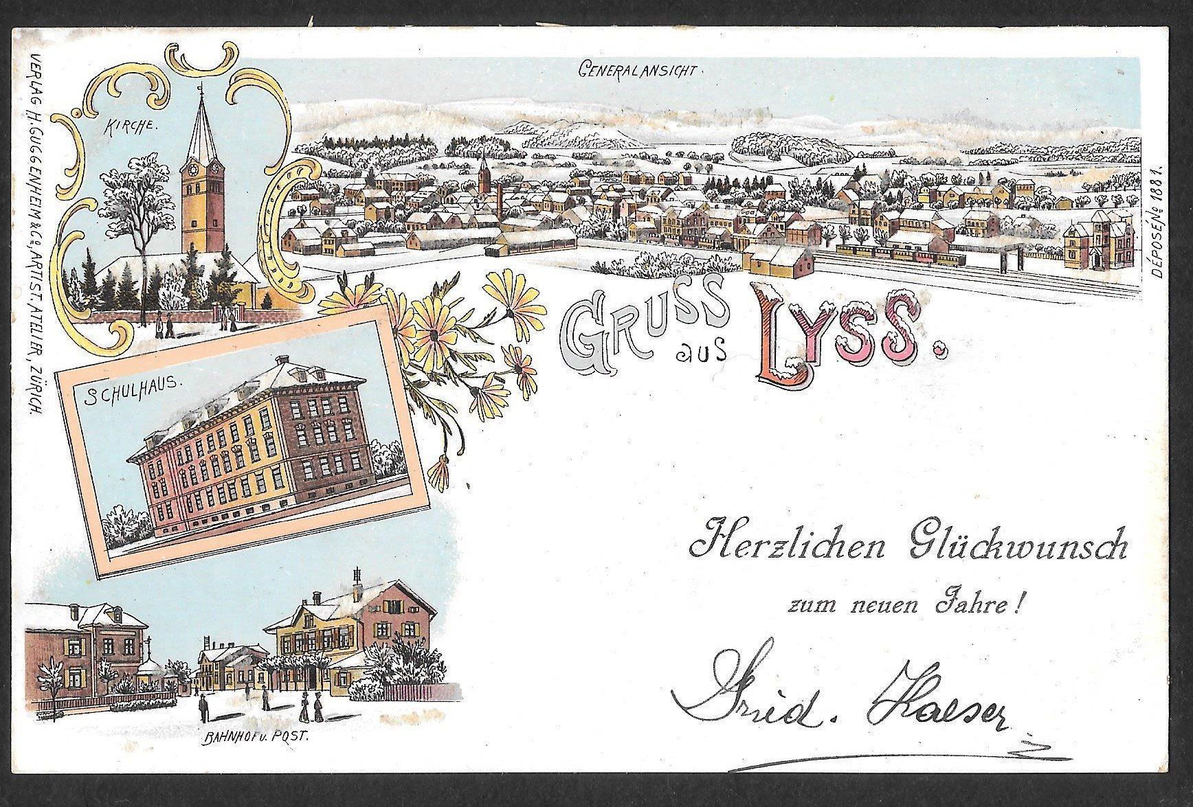 Cartoline postali: Lyss farbige Winter-Lithografie 4 Bilder Bahnhof Post etc. – Usato da Olten venduto da clotaldi