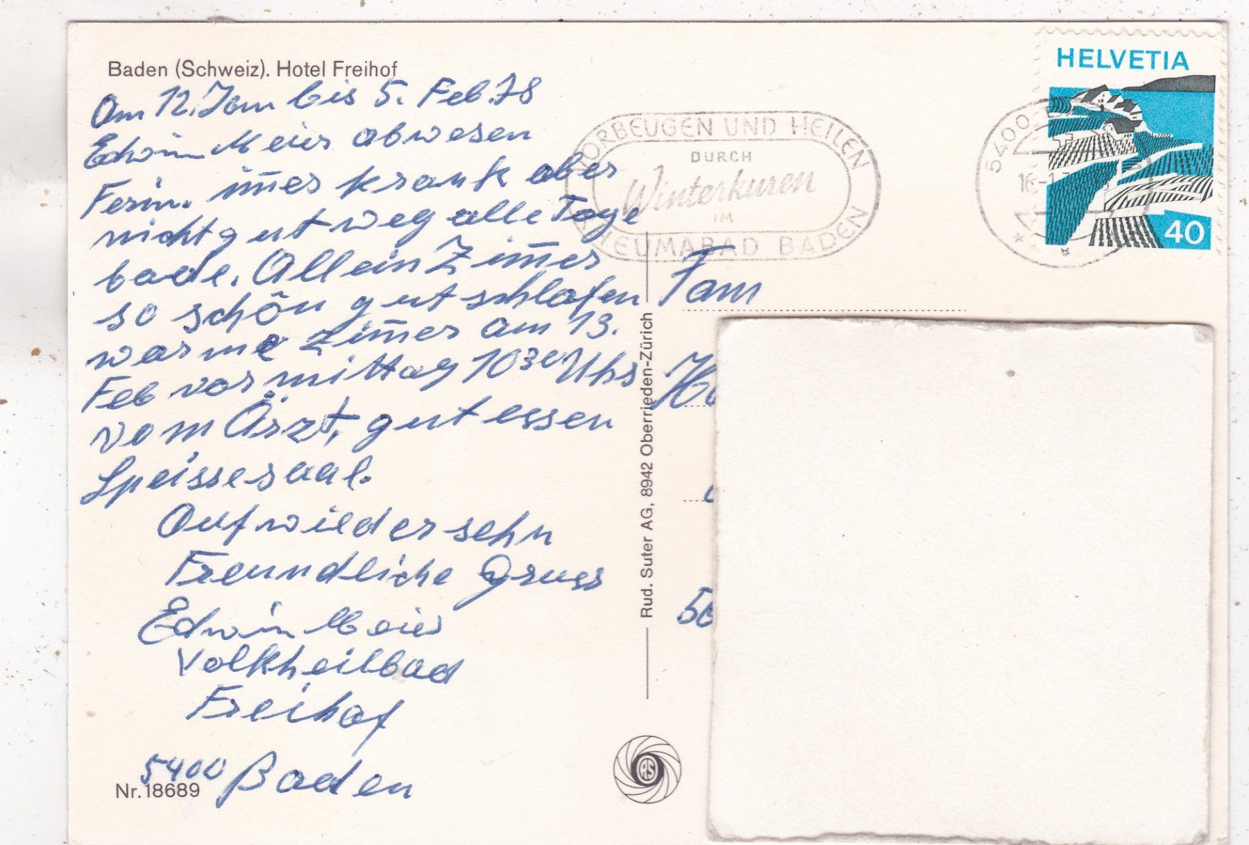 Cartoline postali: Baden Hotel Freihof 1978 – Usato da Herisau venduto da Lisegrat2008 1