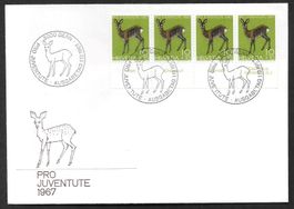 FDC Pro Juventute J220 Viererstreifen mit Tabs ET 1.12.1967