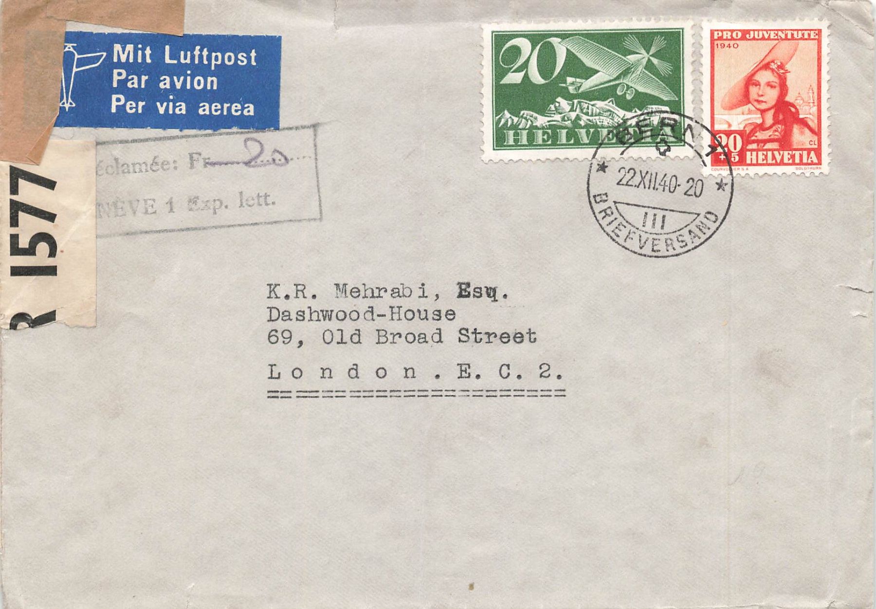 Tutti i francobolli: Schweiz Luftpost Express nach London 1940 – Usato da Biasca venduto da Blenio71