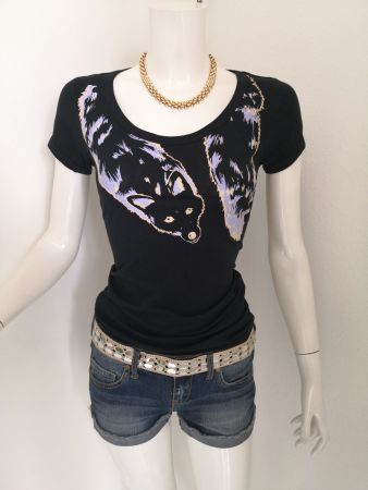 🤩MANGO T-SHIRT SCHWARZ MIT FUCHS-DRUCK