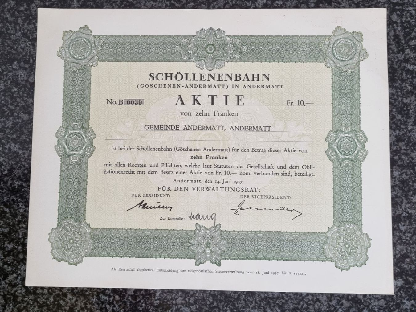 Dokumente: Schöllenenbahn - Aktie CHF 10 - extrem rar! – Gebraucht aus Glis von YL1999