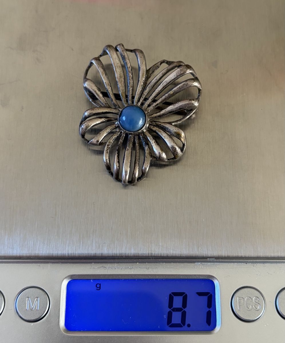 Spille & Fermagli: Vintage 835 Silber Blumenbrosche mit blauem Cabochon – Usato da Binningen venduto da Cchatz 5