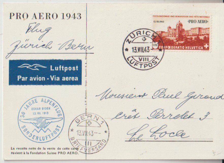 Luftpost Pro Aero 1943 Flug Zürich-Bern für Le Locle (Gebraucht) in ...