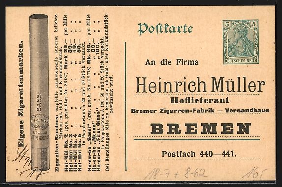 Entiers postaux: Bremen, Zigarren-Fabrik Heinrich Müller – D'occasion à Berlin par bartko-reher 1