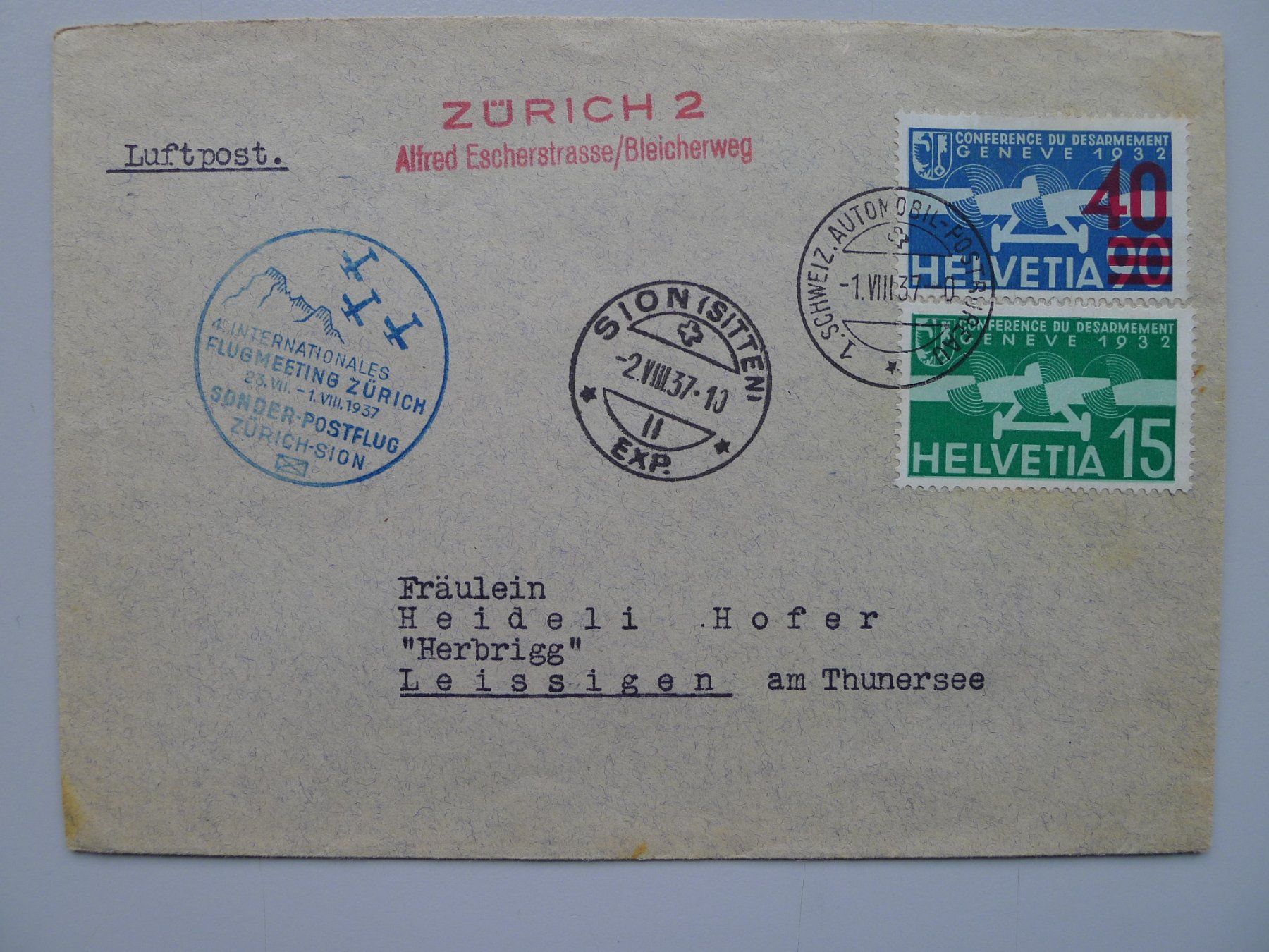 Tutti i francobolli: 1937, Flugbrief Nr.9 – Usato da Sursee venduto da Luzernerraute