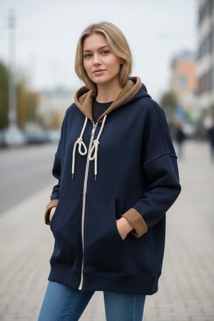 Damen Übergangsjacke Mantel Jacke mit Kapuze blau braun l xl