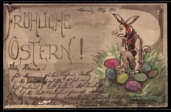 Cartoline postali: Handgemalt: Osterhase mit Zahnschmerzen  – Usato da Berlin venduto da bartko-reher
