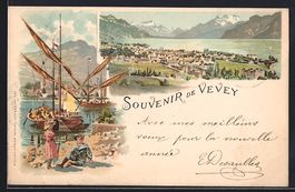 Litho Vevey, Segelboote und Ortspanorama