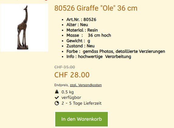 Statuette: Afrika Figur 80526 Giraffe  ,   NEU – Nuovo e nell'imballaggio originale da Hagenbuch ZH venduto da cougar1 1