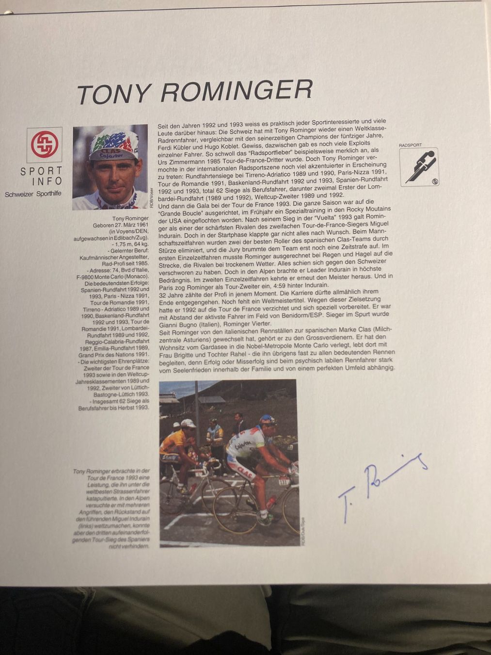 Autogramme: Autogramm Tony Rominger Schweizer Olympiateilnehmer 1988 – Gebraucht aus Liestal von schnueps