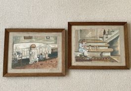 2 antike Bilder auf Leinen, Mary Ellen Sigsbee