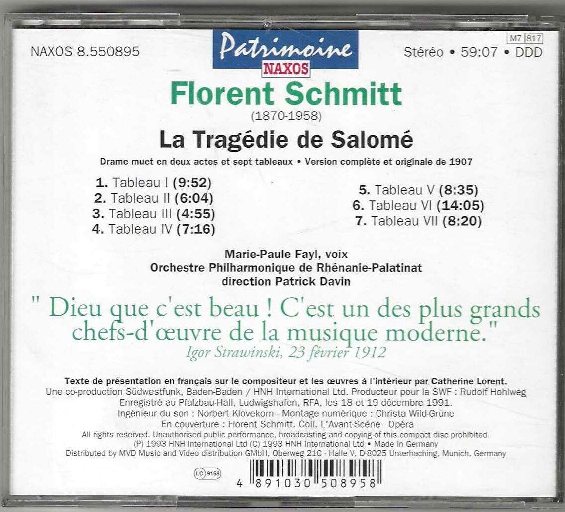 CD: Florent Schmitt / Patrick Davin - La Tragédie de Salomé – Usato da Genève venduto da CDLPBookS 1