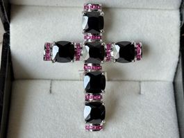 Kreuz Anhänger, Hämatit und Rubine, Silber 925, massiv