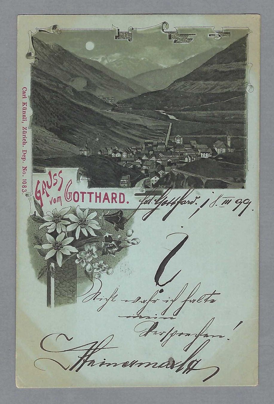 Cartoline postali: 1899, GOTTHARD, MONDSCHEIN LITO – Usato da Pura venduto da ulisse1957