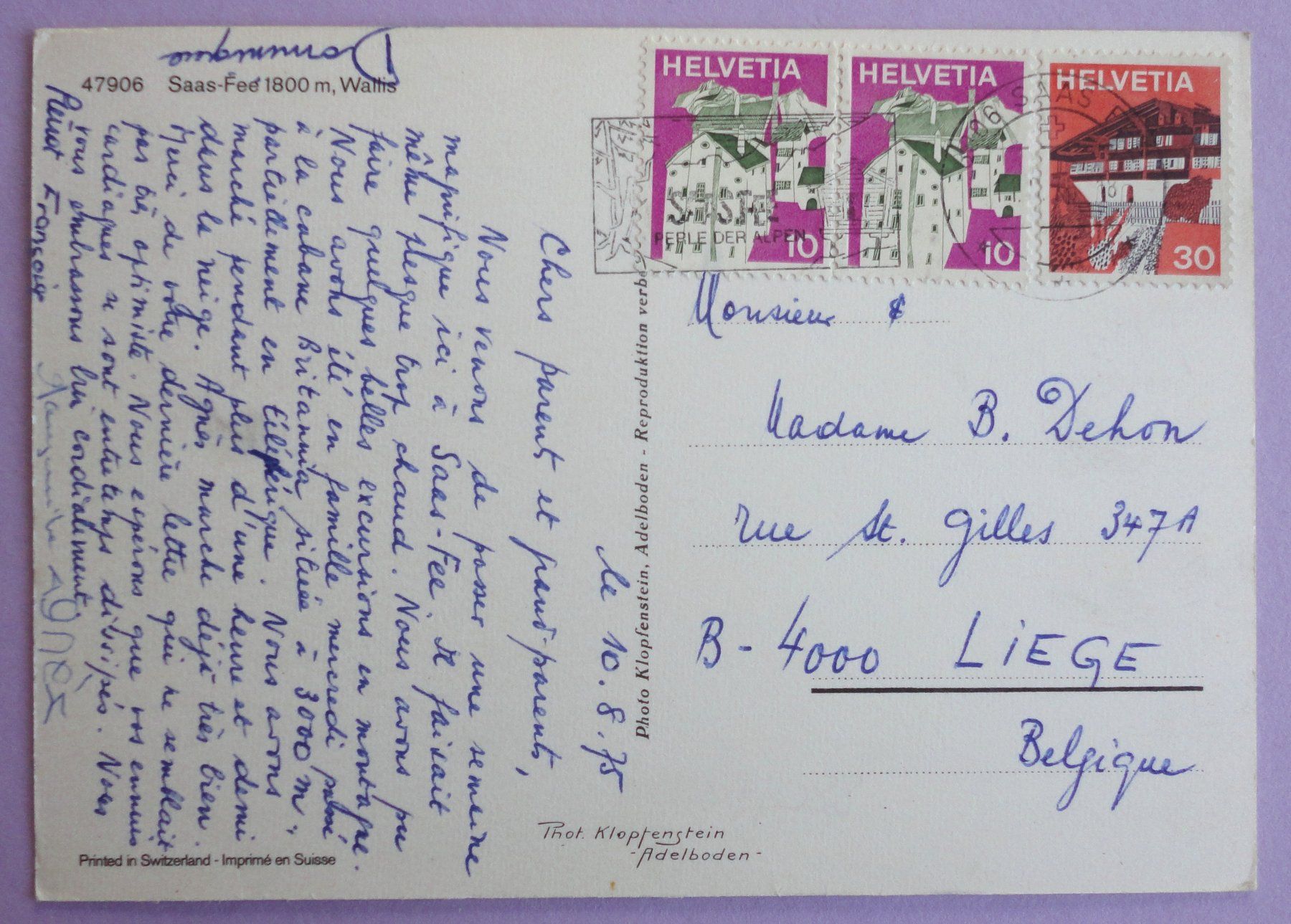Cartoline postali: Saas-Fee 1800 m – Usato da Fétigny venduto da Billy2miny 1