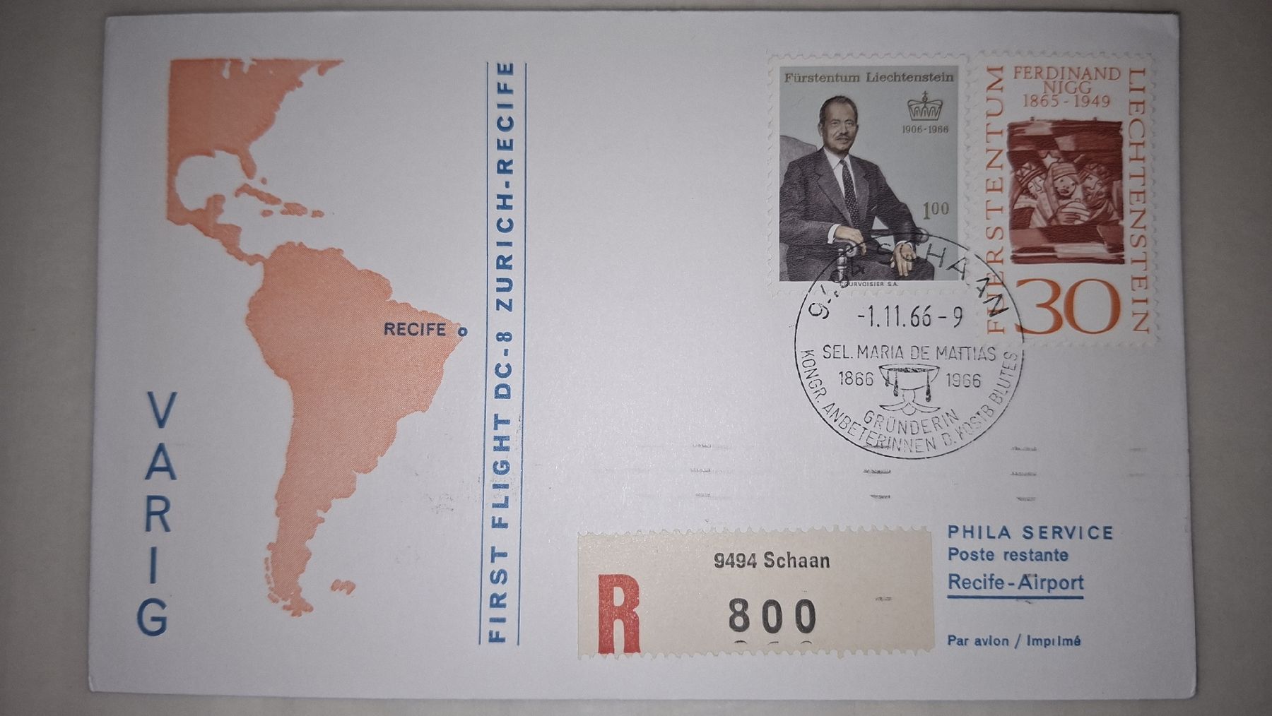 Tutti i francobolli: Varig Zürich - Recife 01.11.1966 – Usato da Balgach venduto da SIMEON27