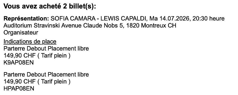 Biglietti: 2 Tickets Lewis Capaldi Montreux 14.07.2026 – Usato da Zürich venduto da guillot 1