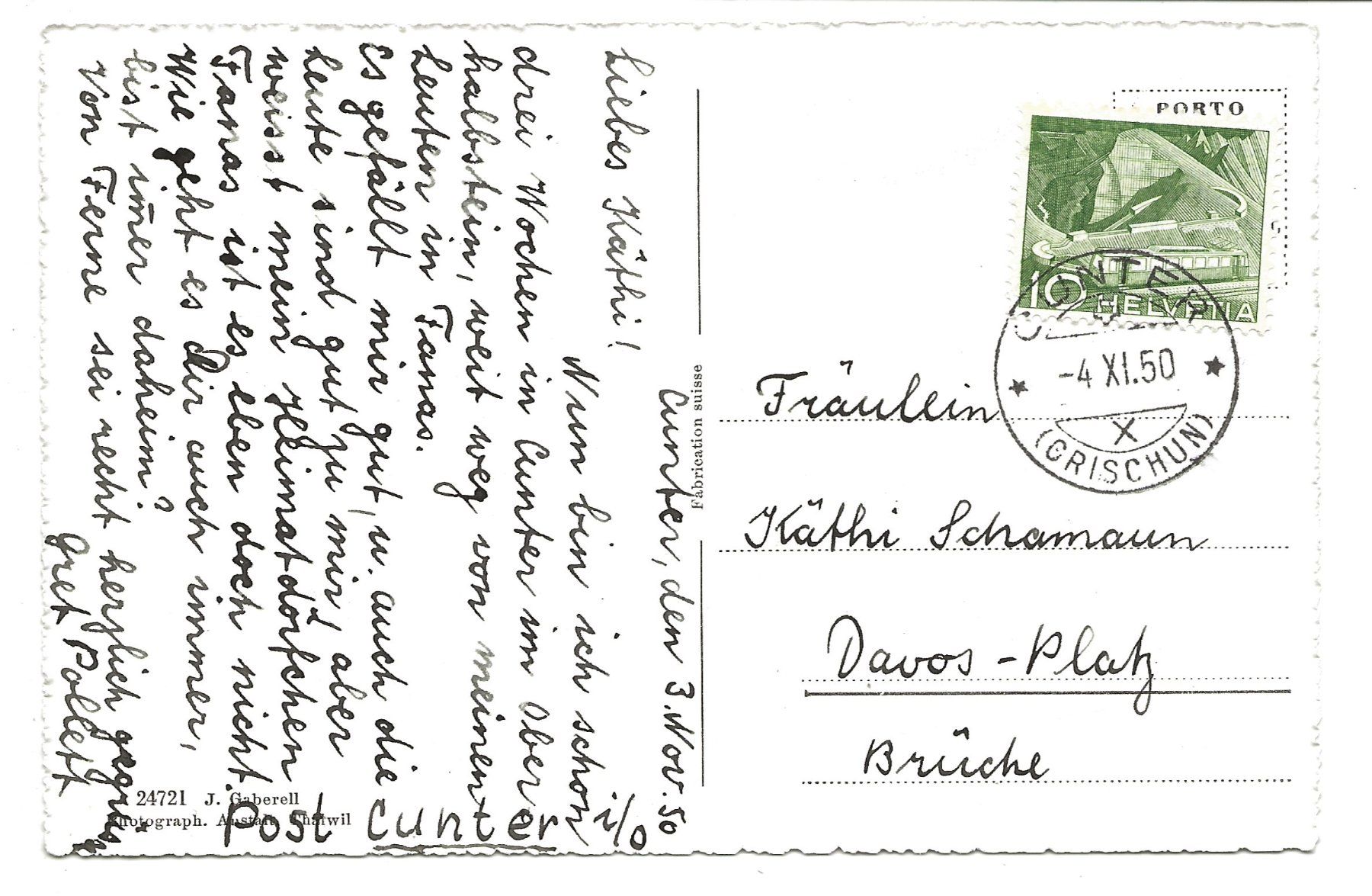 Cartoline postali: Conters / Cunter (GR) Oberhalbstein - Hotel Post - 1950 – Usato da Engelburg venduto da Cartophil 1