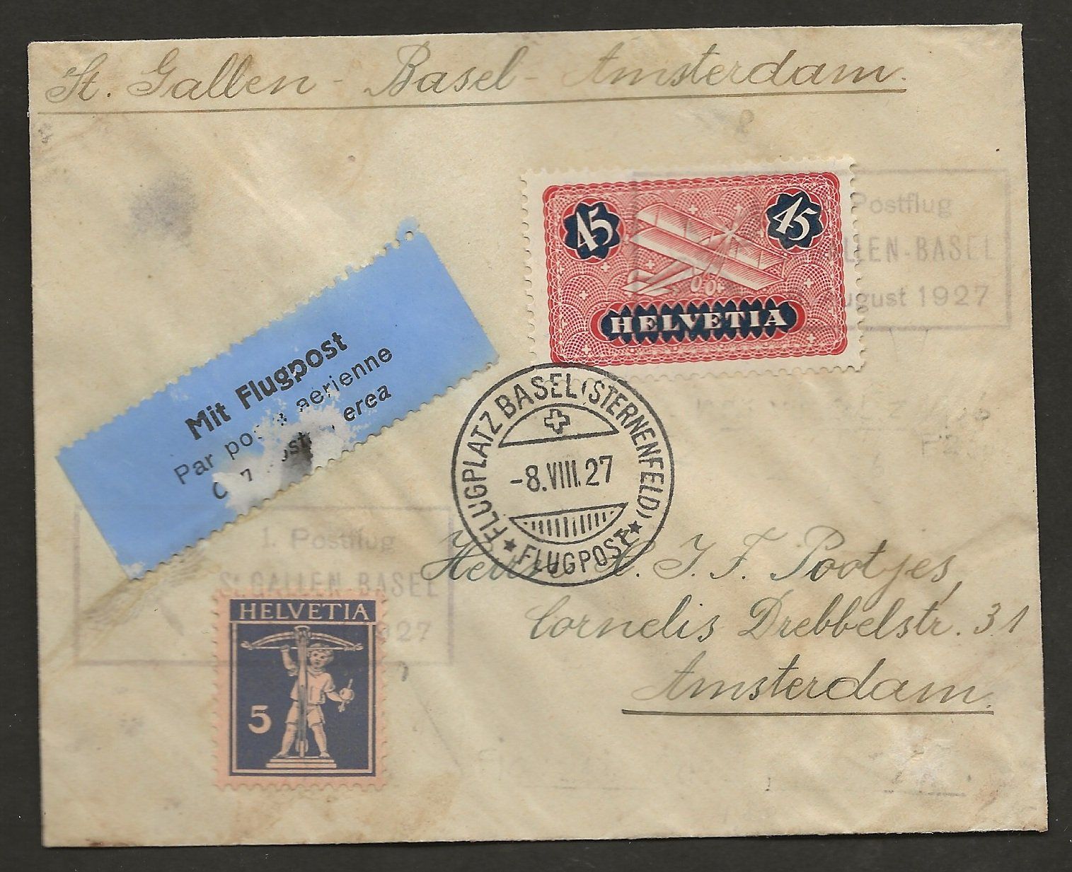 Tutti i francobolli: Flugpost Schweiz 1927 St. Gallen Basel Amsterdam Luftpost – Usato da Au ZH venduto da xelagreb01