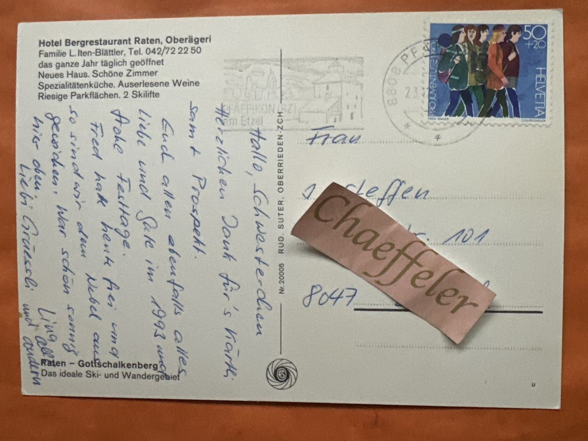 Cartes postales: 1993 Hotel Bergrestaurant Raten, Oberägeri – D'occasion à Zürich par Chaeffeler 1
