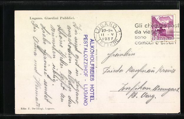 Cartoline postali: AK Lugano, Giardini Pubblici, 1937 – Usato da Berlin venduto da bartko-reher 1