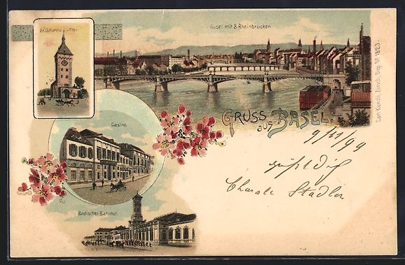 Ansichtskarten: Litho Basel, Casino, Badischer Bahnhof,  – Gebraucht aus Berlin von bartko-reher