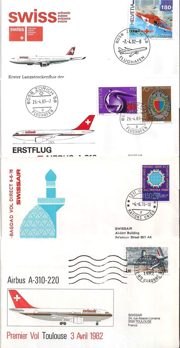 Tutti i francobolli: 4 Swissair-Briefe 2002 – Usato da Zürich venduto da Philacat11