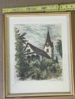 M. Zöbeil, Zürich, Original Radierung, Handkoloriert, Kirche
