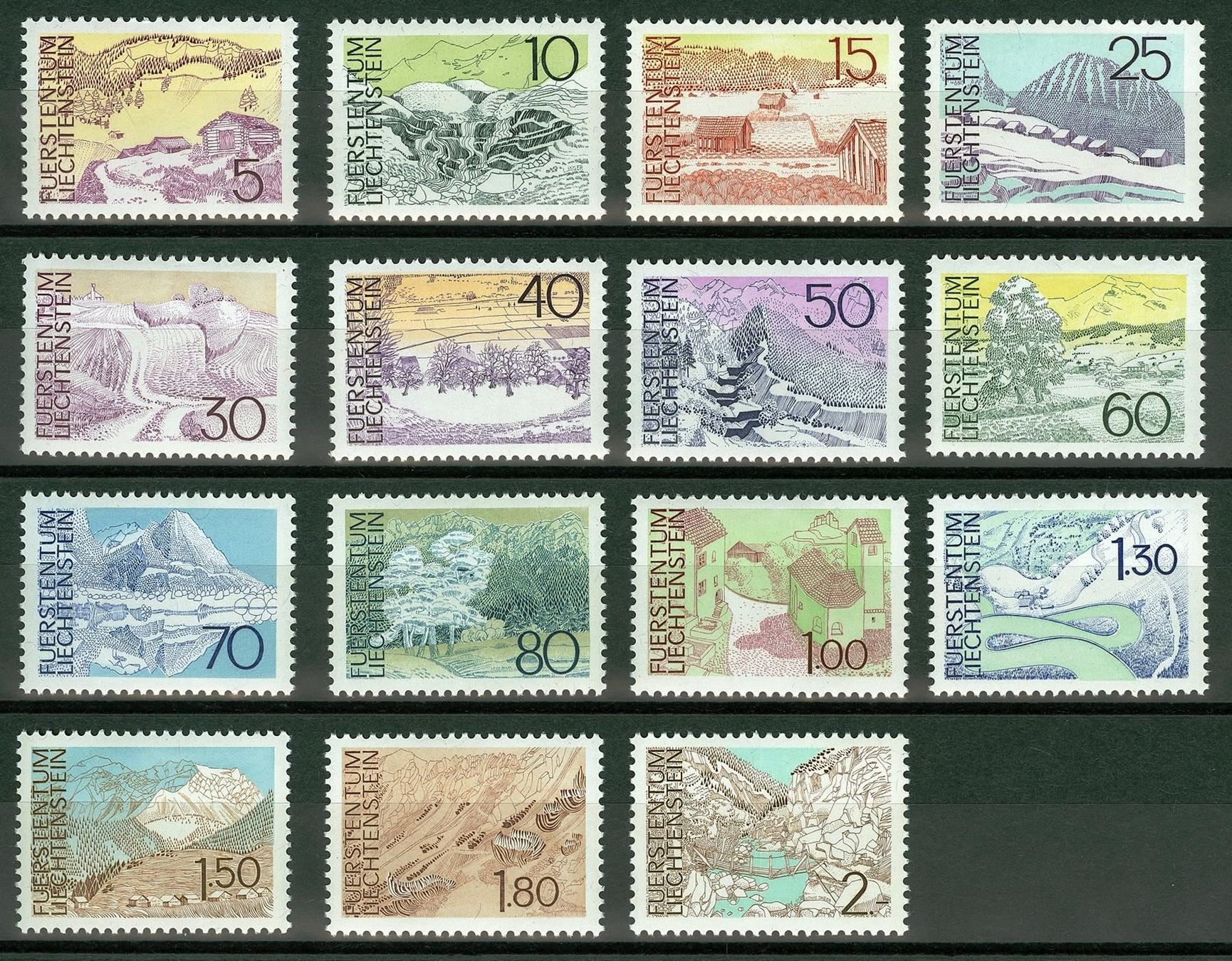 Tutti i francobolli: 1972/73_FL- Satz SBK 511-525**; Landschaften – Nuovo (secondo la descrizione) da Thun venduto da Nissan