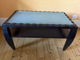 Vintage Salontisch 80er/90er – schwarzes Holz, blaues Glas