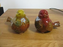 2 witzige Vögeli mit Herbstblatt und Kürbis