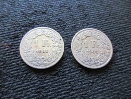 2 Seltene SILBER Einfranken-Münzen Schweiz 1901 + 1903 Antik