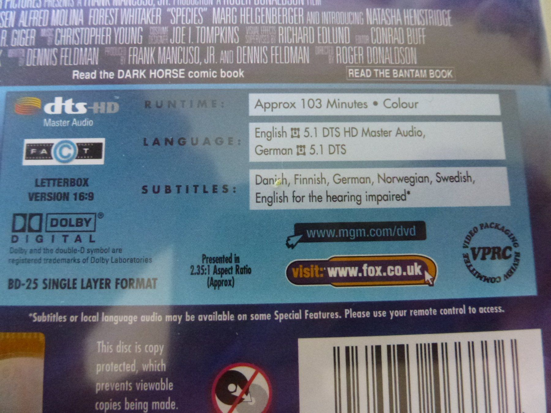 Tutti i DVDs: Species (Blu-Ray) – Nuovo (secondo la descrizione) da Bern venduto da Frebo 2