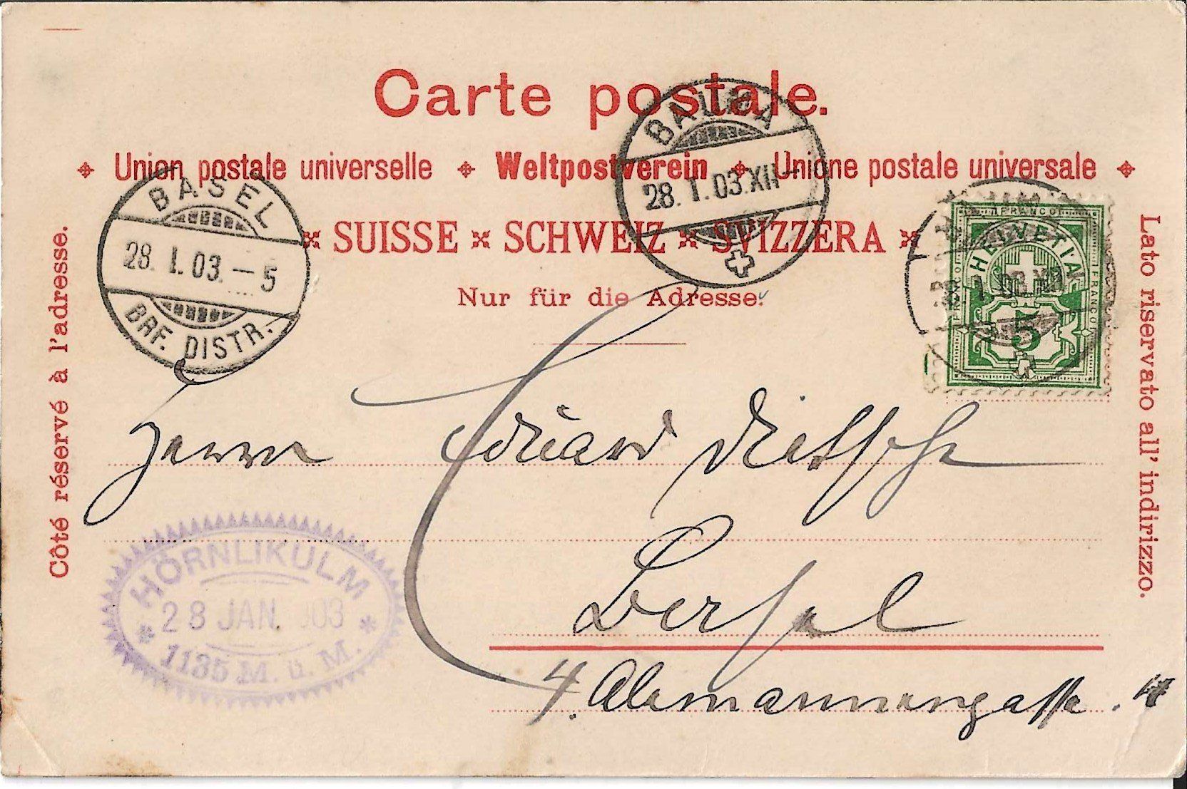 Cartoline postali: Karte Hörnli 1903 – Usato da Zürich venduto da Philacat11 1
