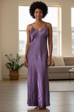 Élégante robe longue satinée violette, taille M