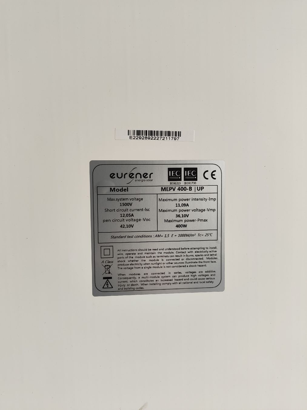 Dispositivi a energia solare: Eurener MEPV 400-B UP Solarmodul 400 W gebraucht – Usato da Winterthur venduto da engitec_AG 2