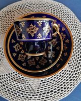 Teetasse mit Unterteller, Kobaltblau, Goldmuster, 3-teilige