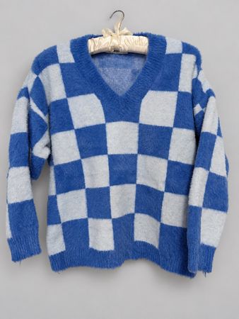 Pull femme col en V motif damier bleu comme neuf