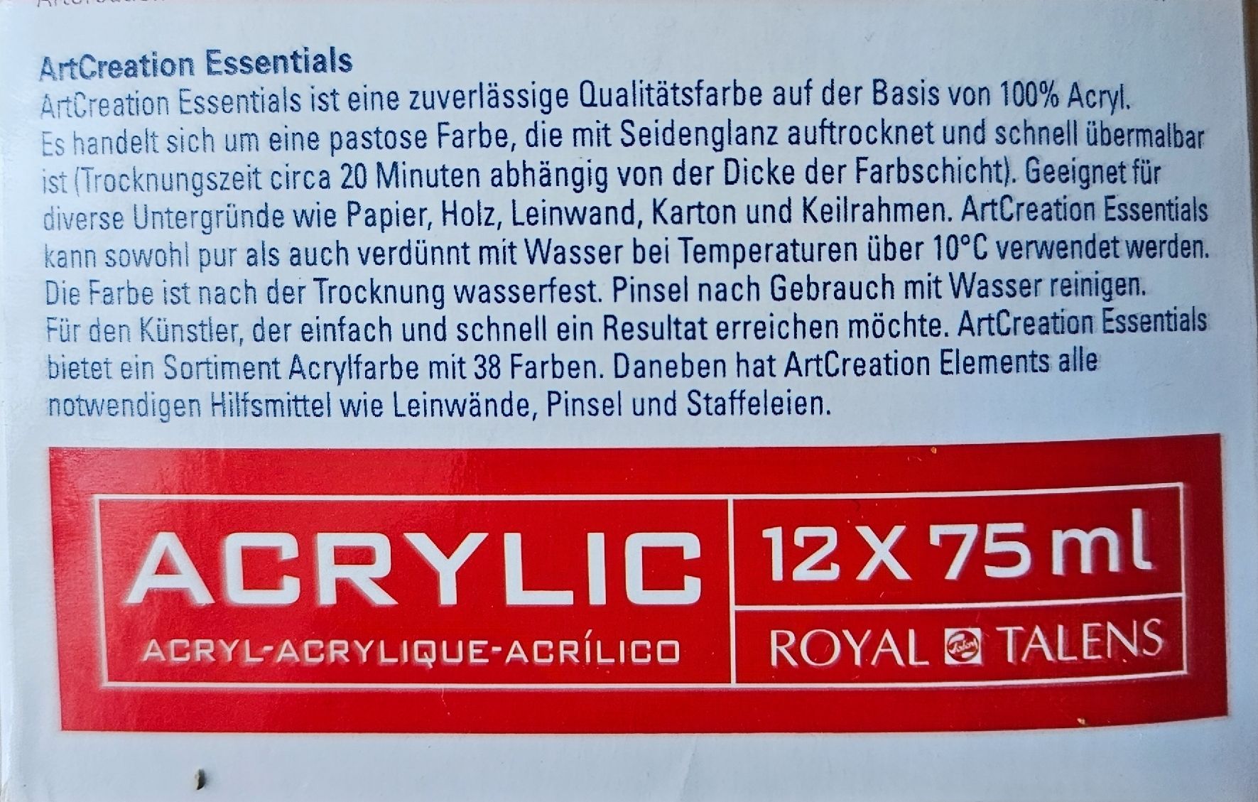 Colori: ArtCreation Essentials, 12 Acrylfarben, 75 ml, ungebraucht! – Nuovo e nell'imballaggio originale da Kreuzlingen venduto da chr_pfn9 2