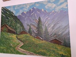 Ölgemälde Berglandschaft Chalet Frühlingsstimmung