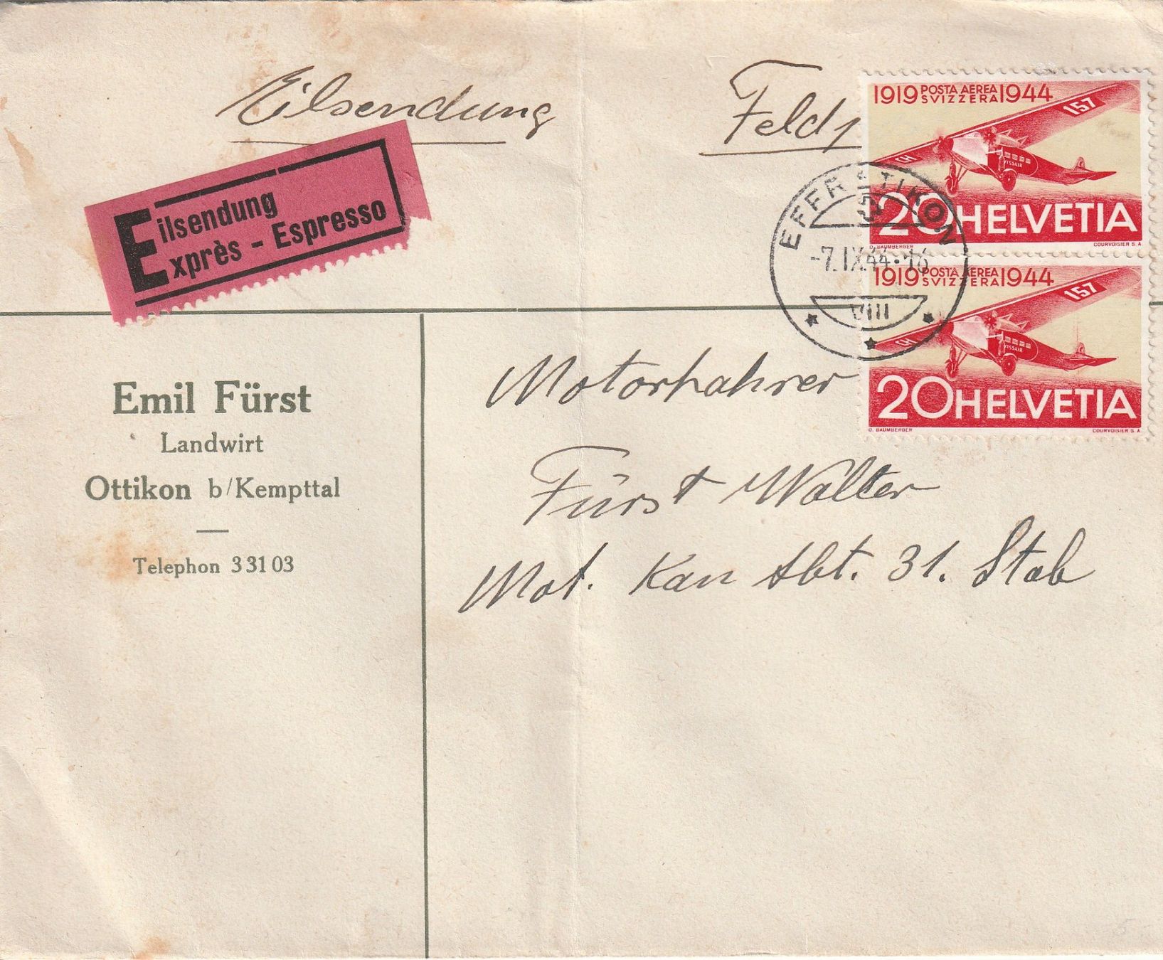 Tutti i francobolli: Flugpost Brief-Effretikon-Eilsendung-Feldpost-1944 – Usato da uttwil venduto da Koehlerfred