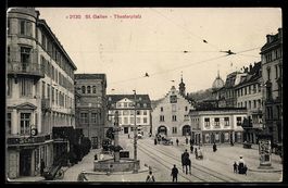 AK St. Gallen, Theaterplatz aus der Vogelschau, mit Brunnen