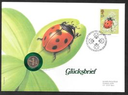 Münzbrief England Glücksbrief mit 1-Rappen-Münze 12.3.1985