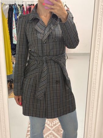 Betty Barclay Trenchcoat Kariert 36 Puffärmel grau blau kurz