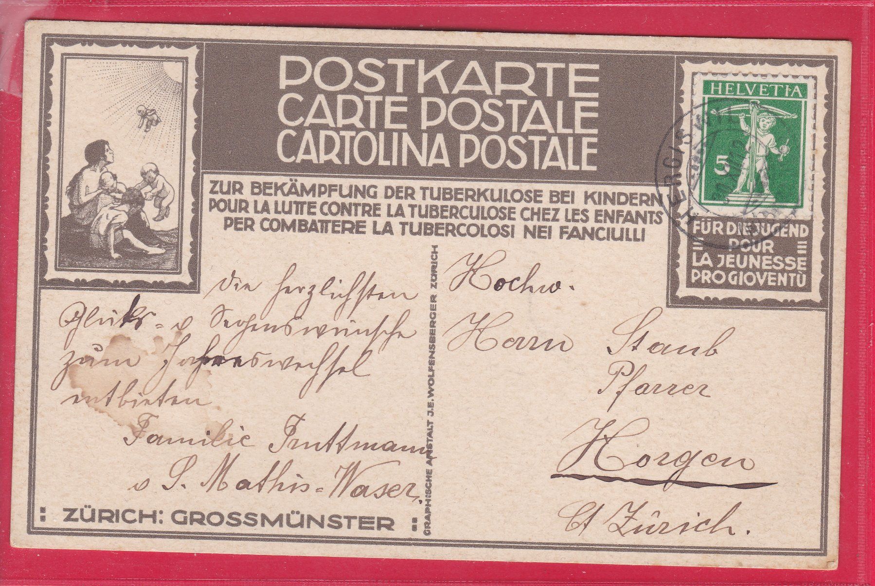 Cartoline postali: ZUR BEKÄMPFUNG TUBERKLOSE KINDER, GROSSMÜNSTER, 30.12.1912 – Usato da Oberrieden venduto da Gebirgsstelze 1