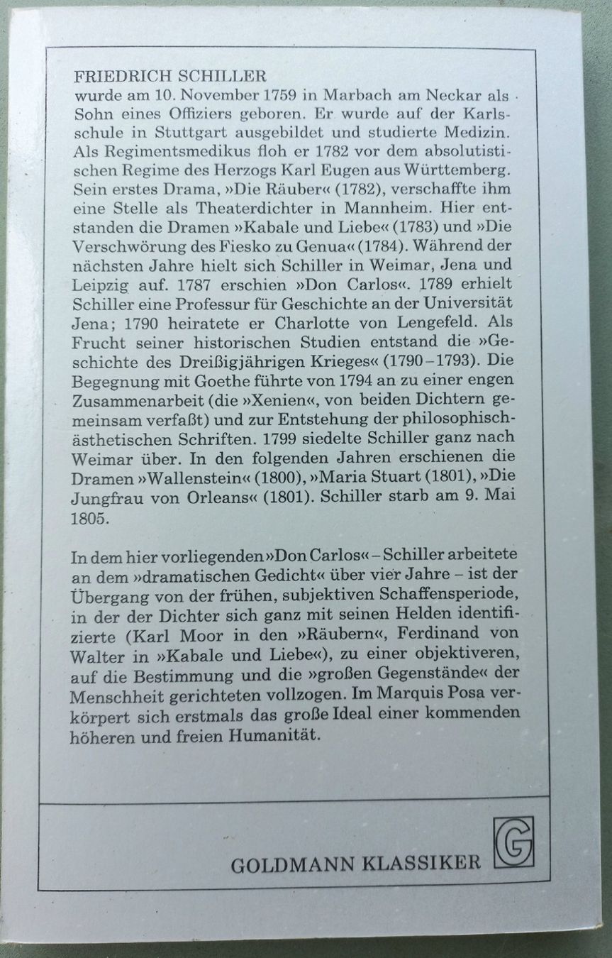 Libri: Schiller - Don Carlos – Nuovo e nell'imballaggio originale da Niederuzwil venduto da lubimaja 1