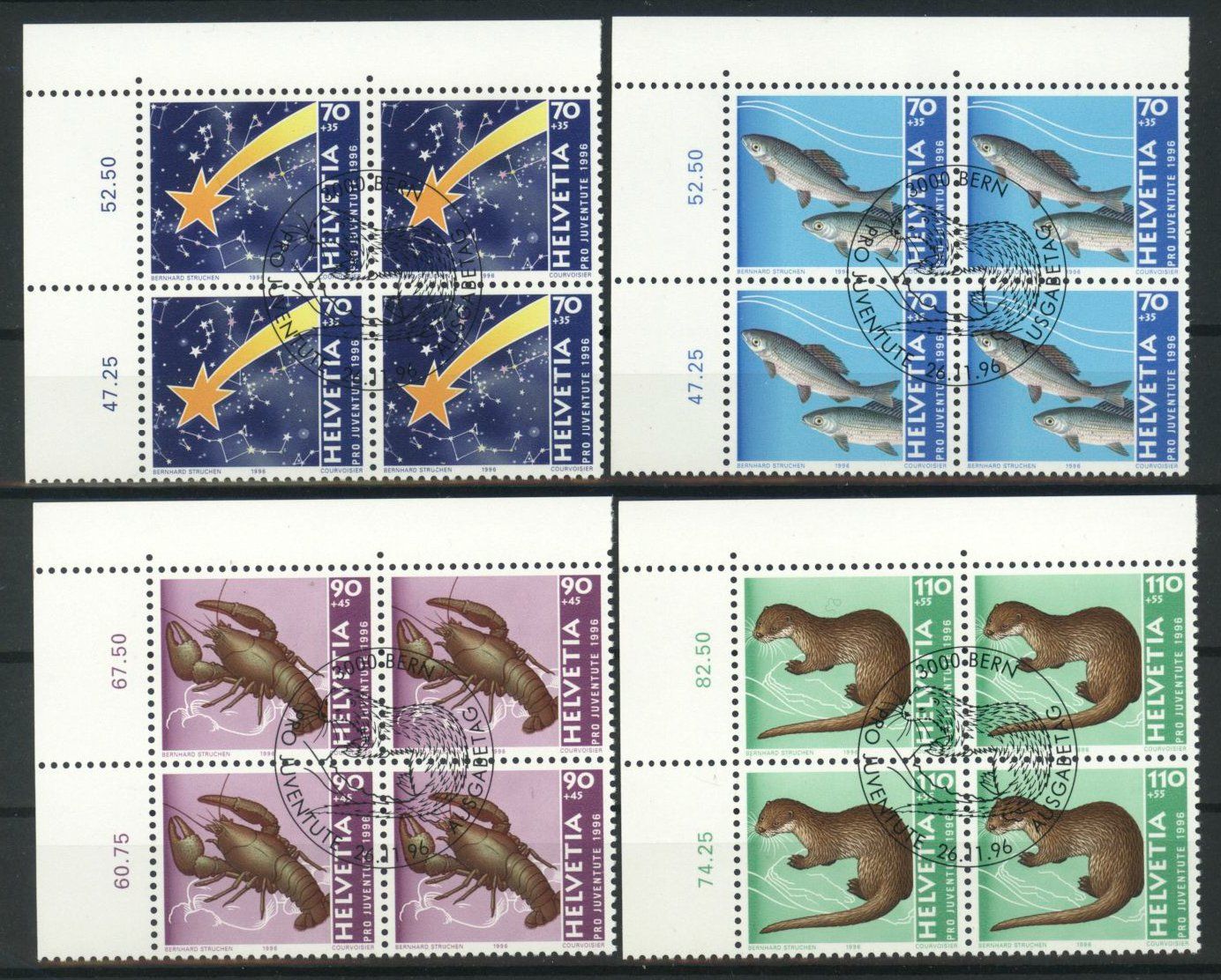 Alle Briefmarken: 1996, Pro Juventute, Viererblöcke, ET – Gebraucht aus Willisau von Vollstempel